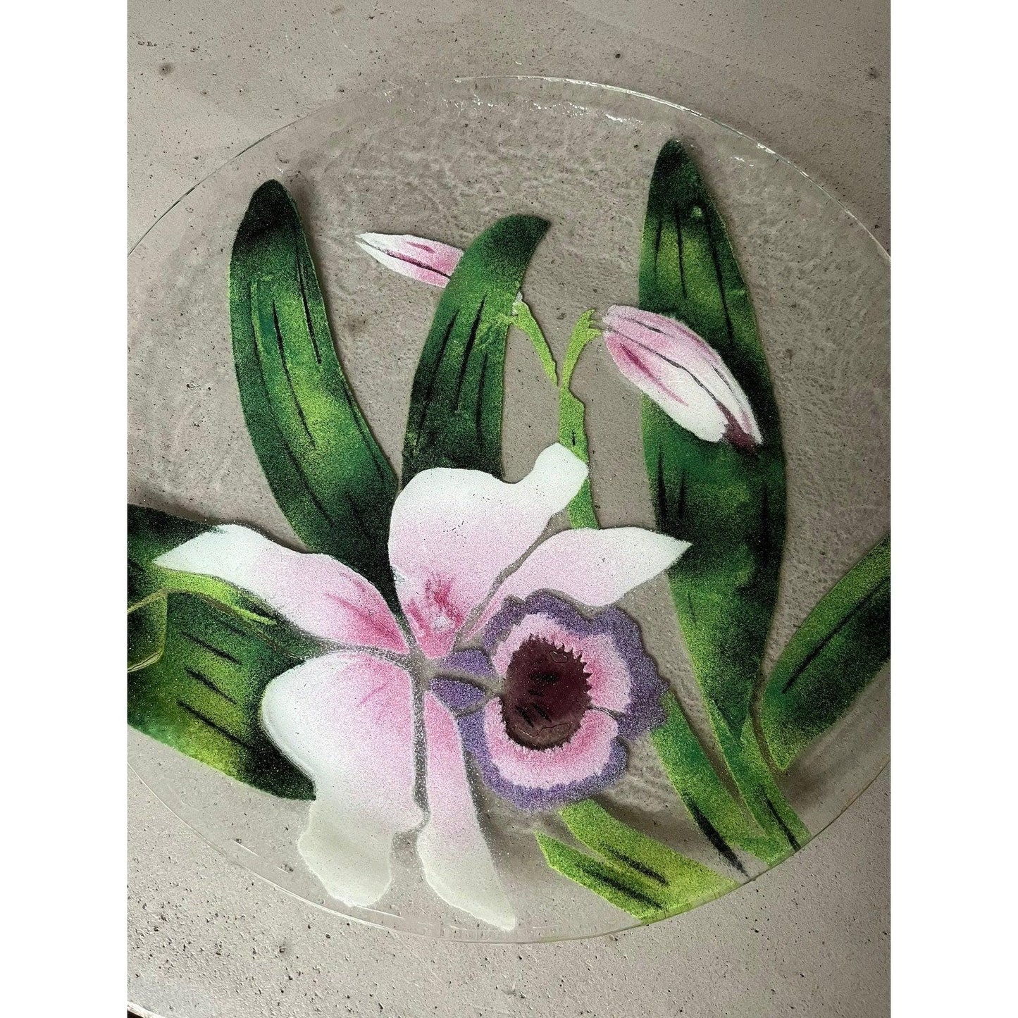 Gorgeous vintage Saint Luke pink flower design 15 fused art glass platter