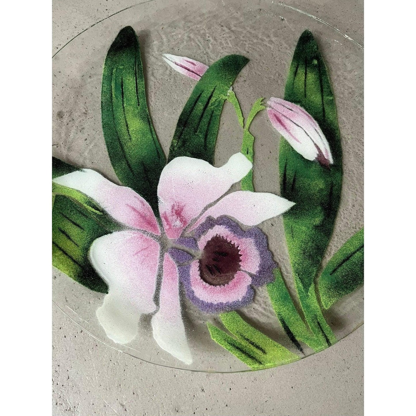 Gorgeous vintage Saint Luke pink flower design 15 fused art glass platter