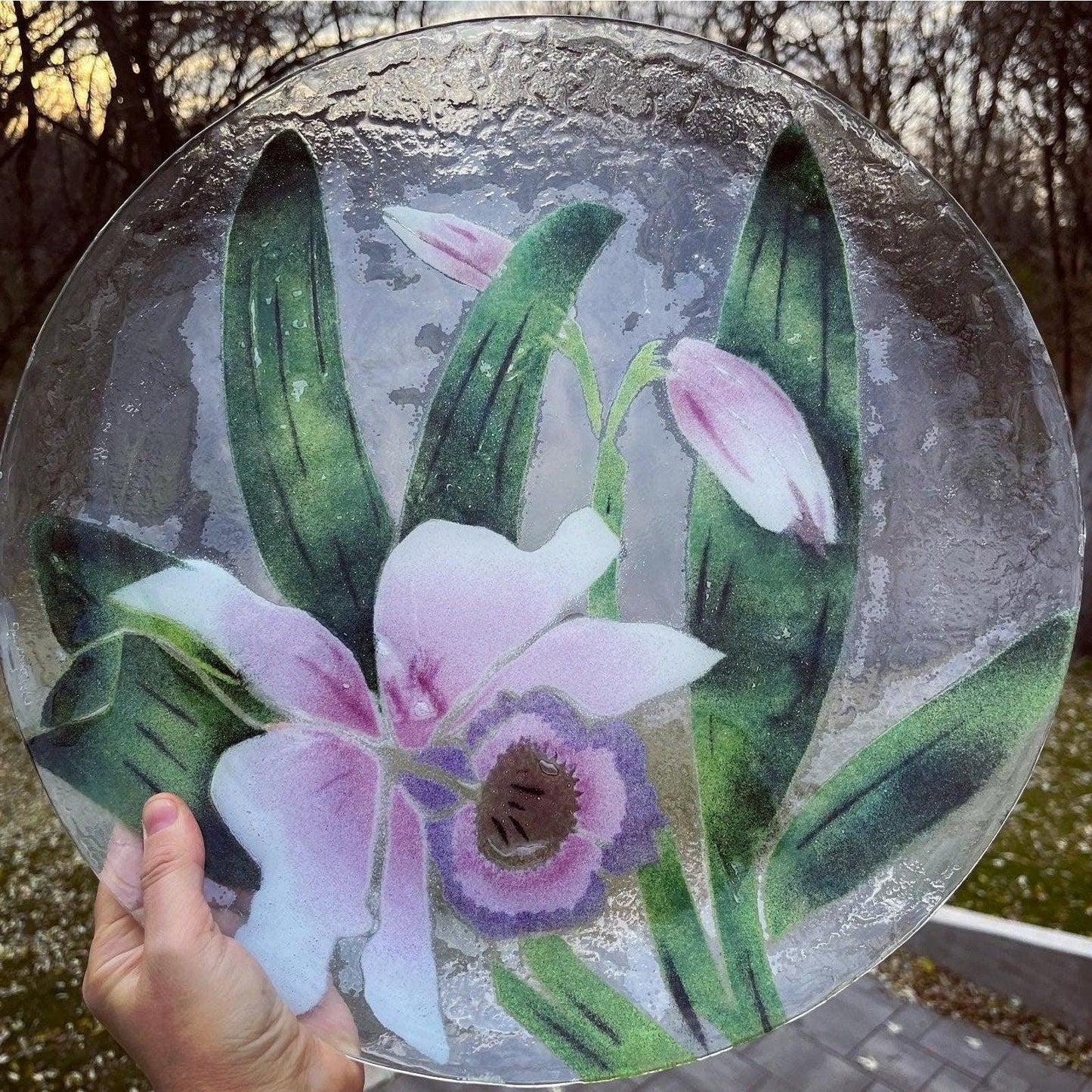 Gorgeous vintage Saint Luke pink flower design 15 fused art glass platter