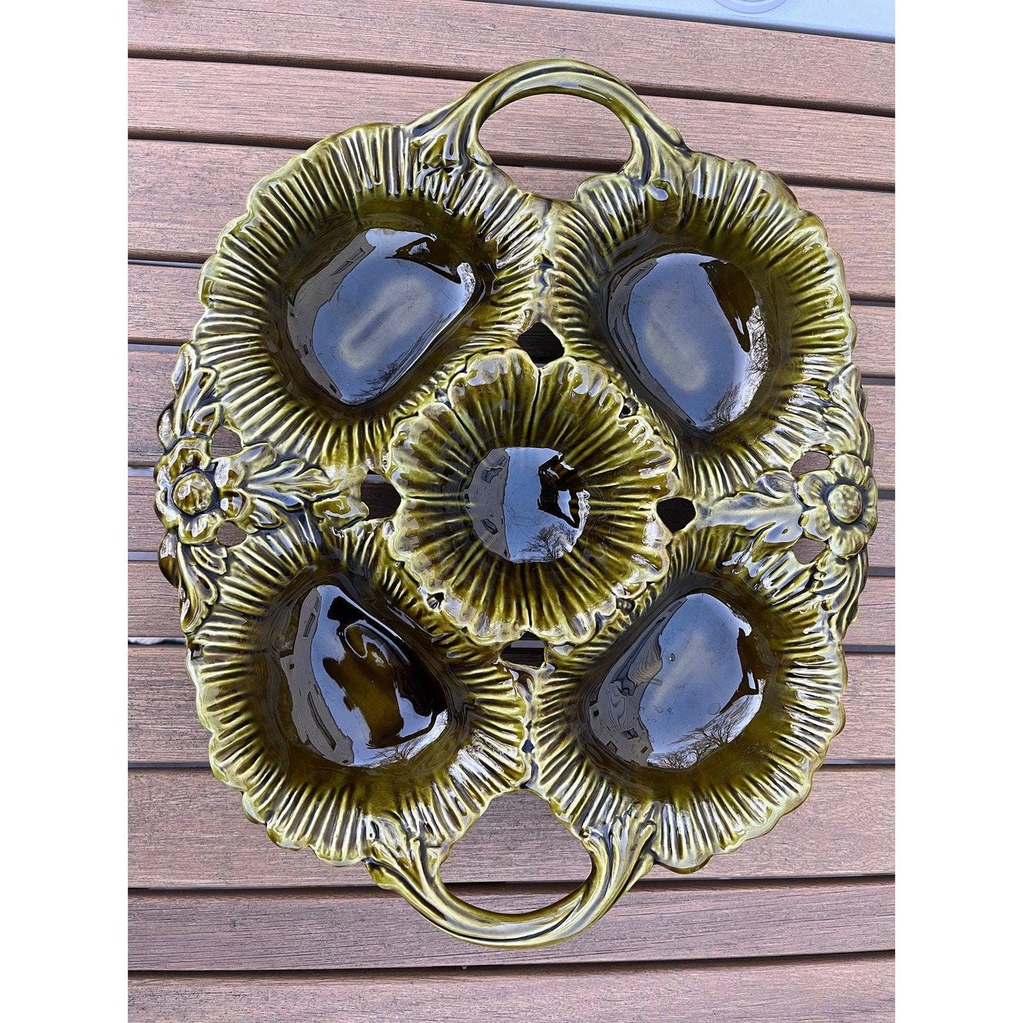 Vintage 1970s avocado green divided dish Whittier California Pottery