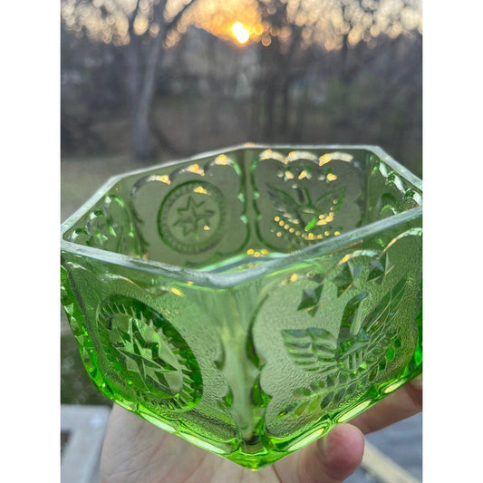 Vintage Indiana Glass Company green hexagon depression glass ‘Eagles and Stars candy dish