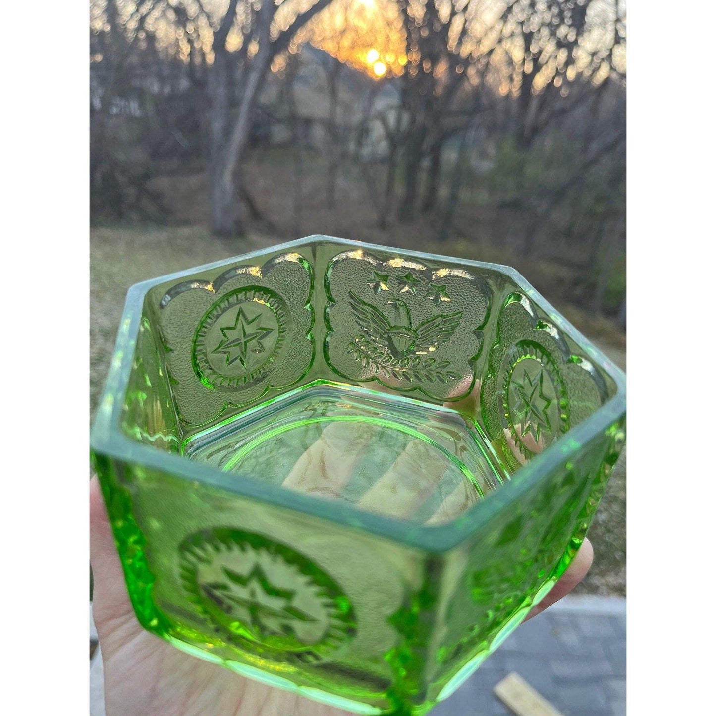 Vintage Indiana Glass Company green hexagon depression glass ‘Eagles and Stars candy dish