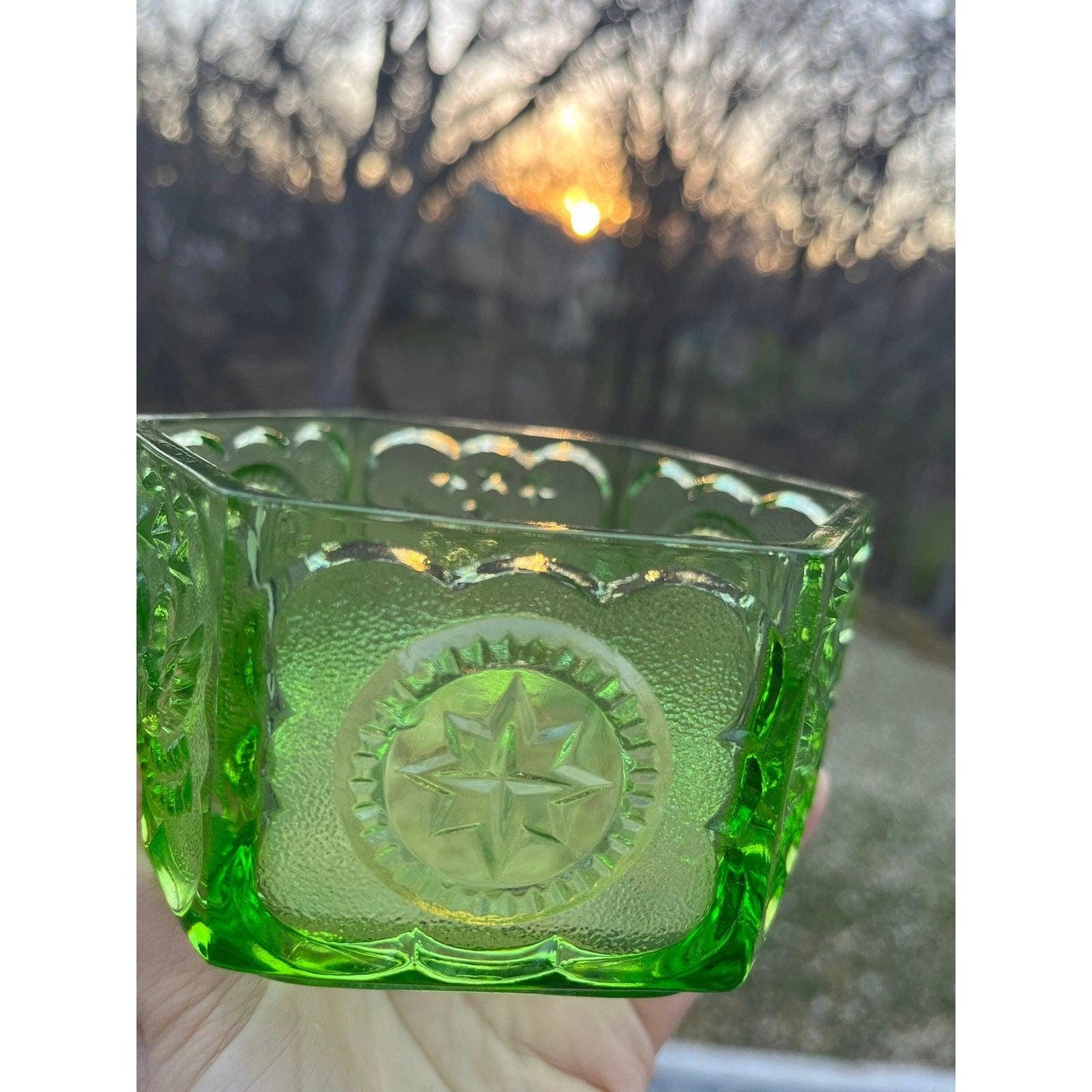 Vintage Indiana Glass Company green hexagon depression glass ‘Eagles and Stars candy dish