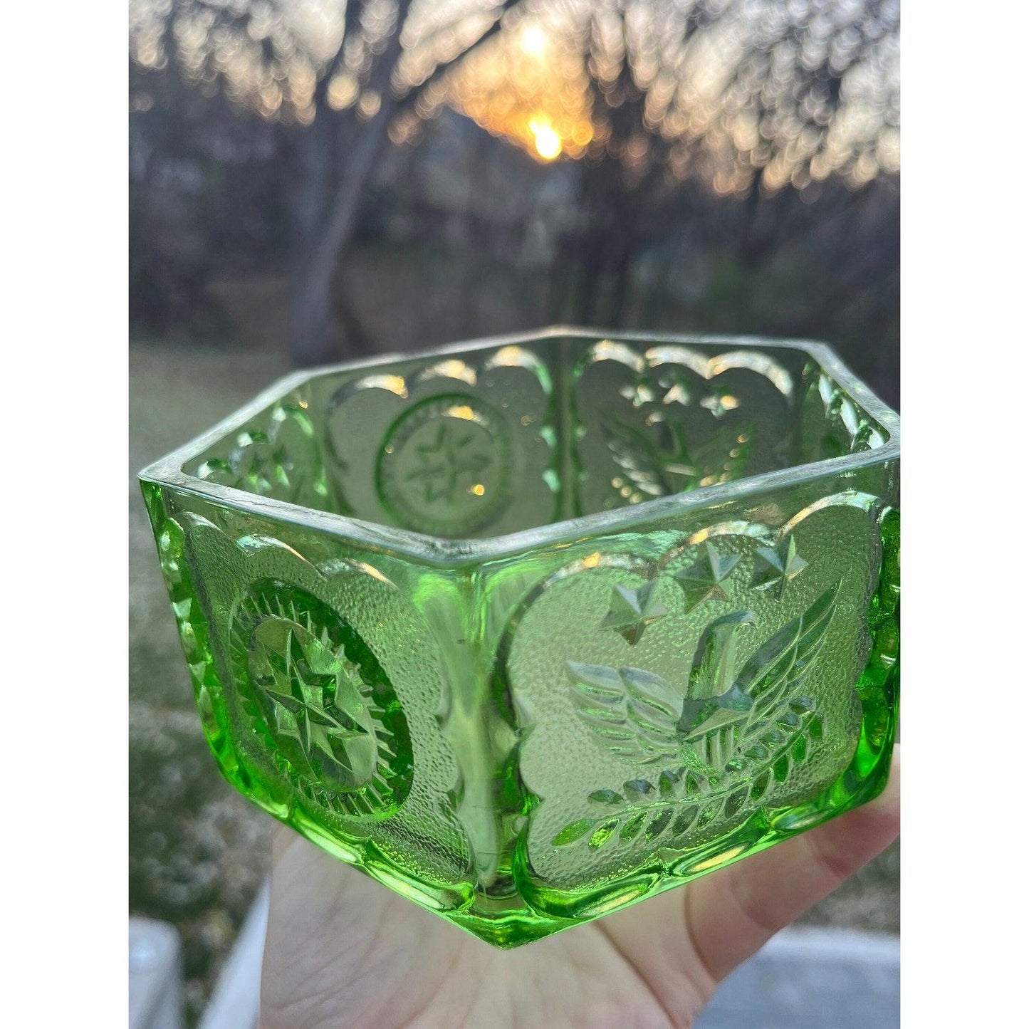 Vintage Indiana Glass Company green hexagon depression glass ‘Eagles and Stars candy dish