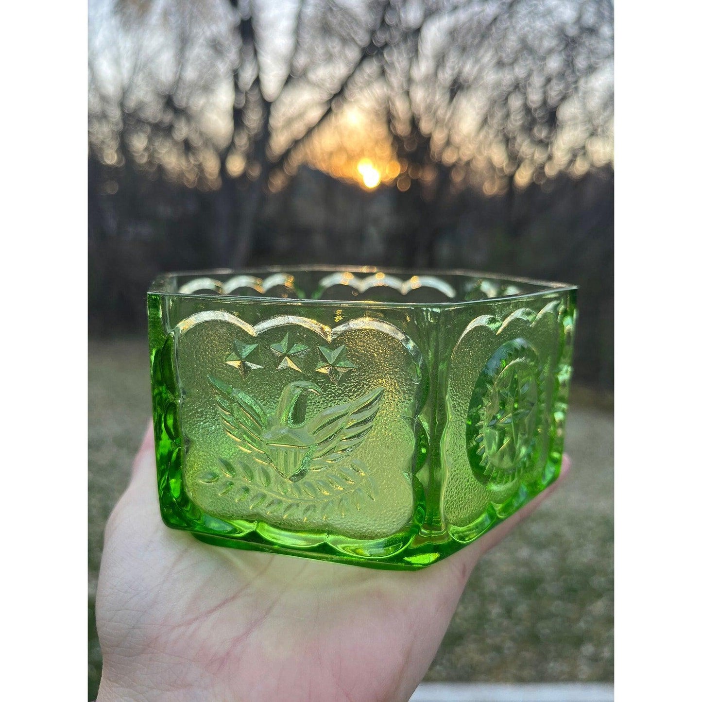 Vintage Indiana Glass Company green hexagon depression glass ‘Eagles and Stars candy dish