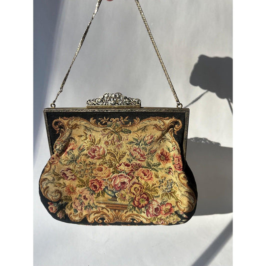 Antique Vintage European Evening Purse Petit Point Floral Tapestry