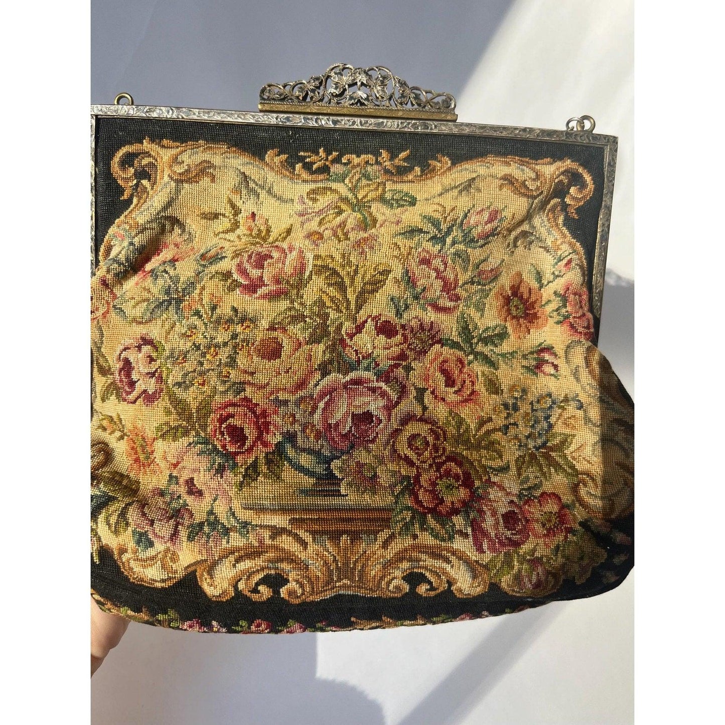 Antique Vintage European Evening Purse Petit Point Floral Tapestry