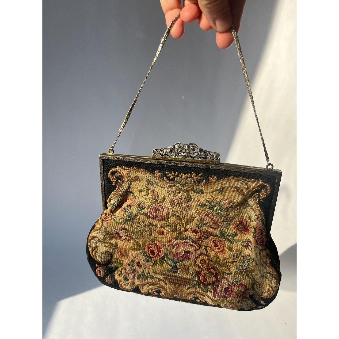 Antique Vintage European Evening Purse Petit Point Floral Tapestry