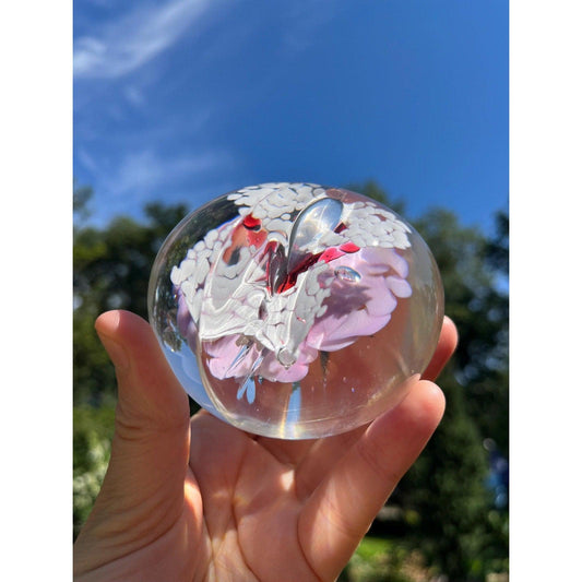 Vintage glass pink flowers butterfly paperweight