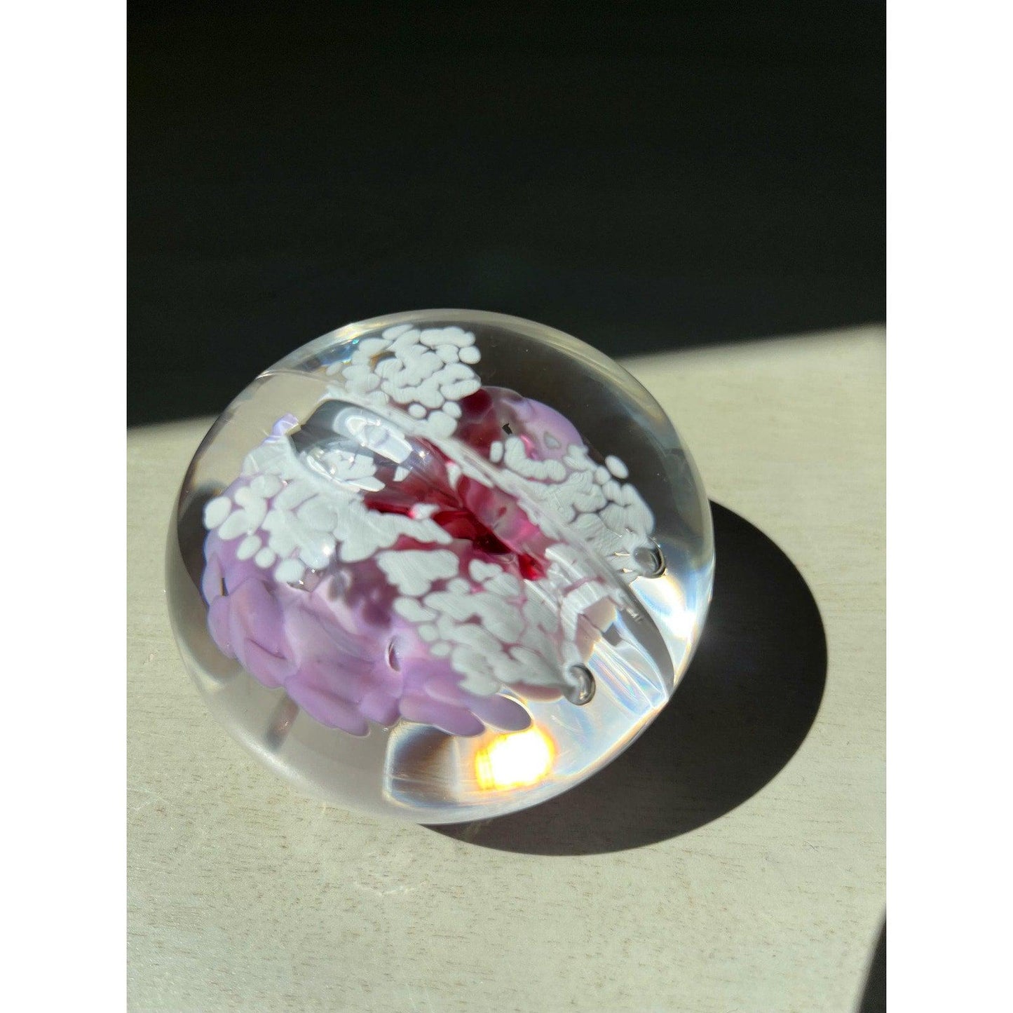 Vintage glass pink flowers butterfly paperweight