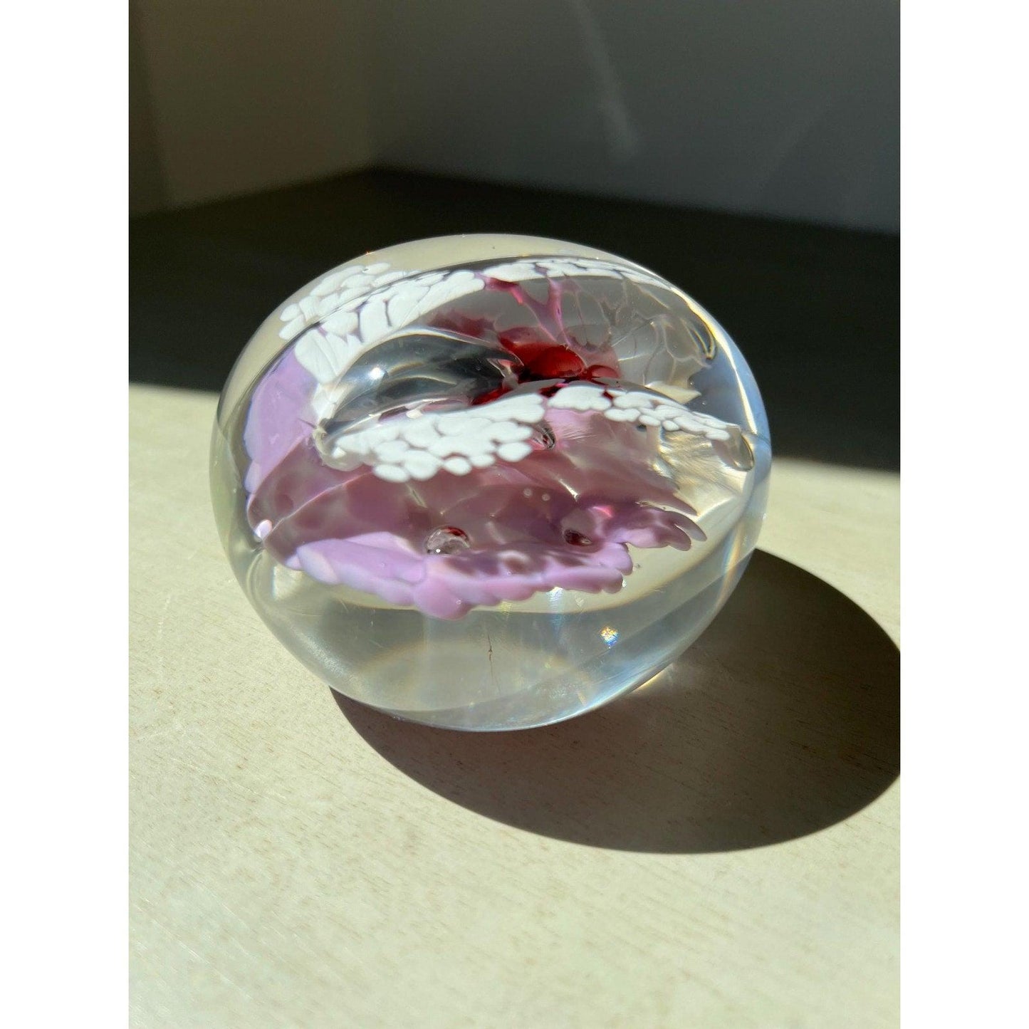 Vintage glass pink flowers butterfly paperweight