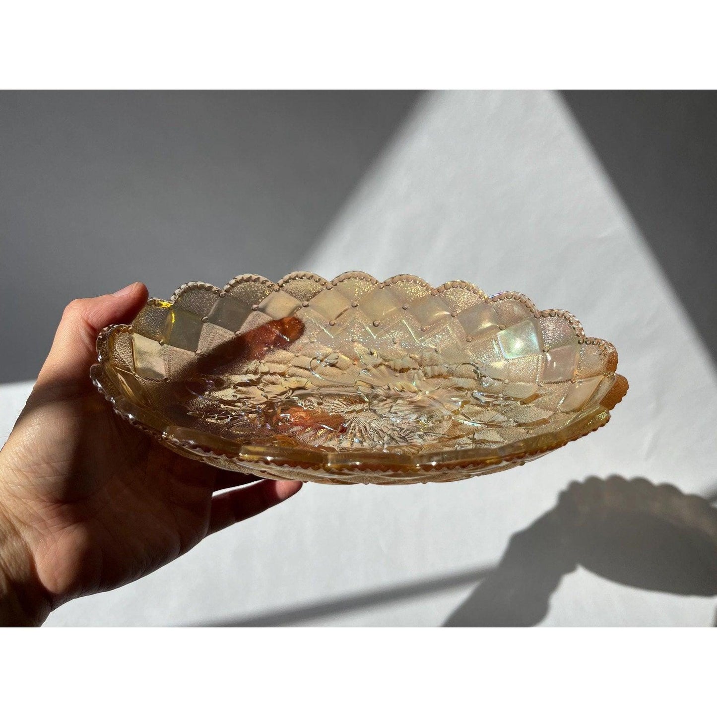 Antique 1911 - 1918 Carnival Glass Pickle Pansy Dish, Imperial Glass Company