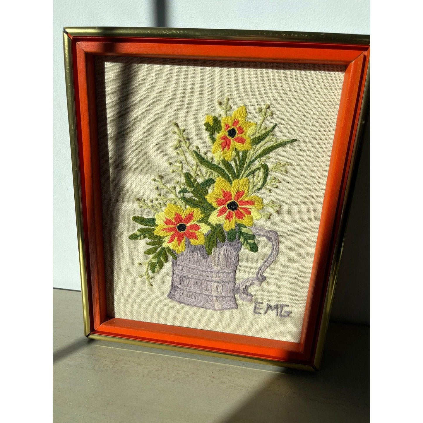 Vintage floral needlepoint fiber art, framed
