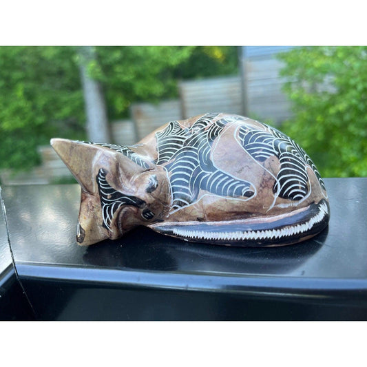 Vintage hand carved sand stone sleeping kitty figurine