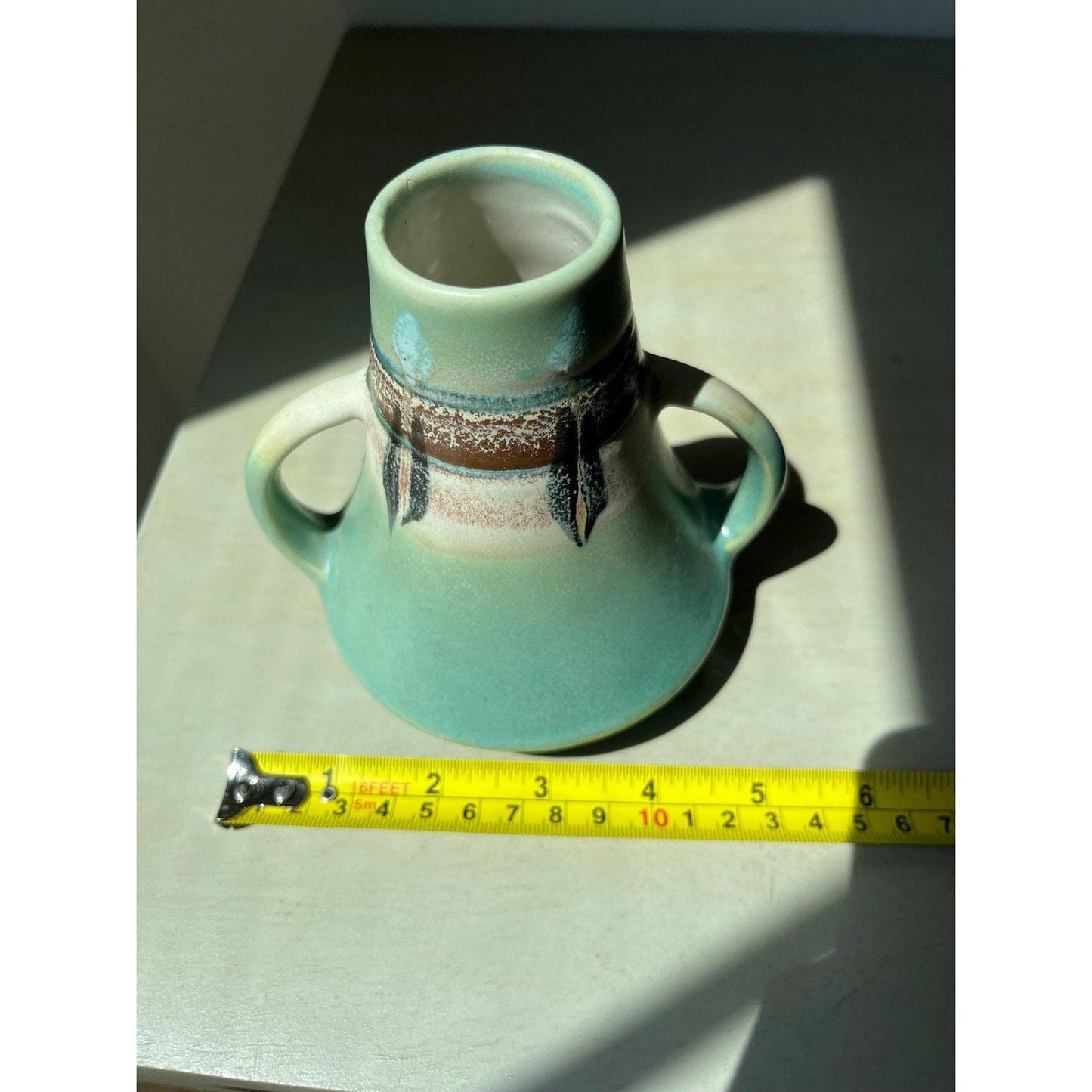 Mid-century 1950s two-handled Vase Made in Japan, Roseville "Monticello" Pattern