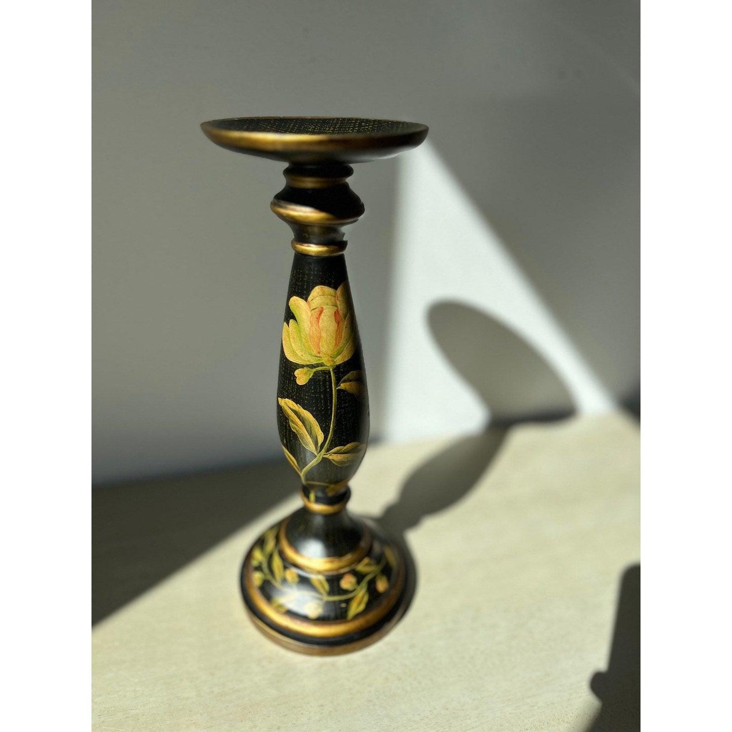 Vintage Wood Hand Painted Floral Black and Yellow Candlestick Holder