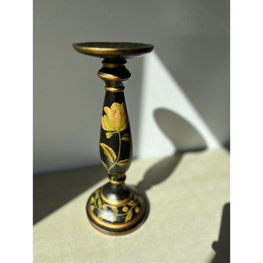 Vintage Wood Hand Painted Floral Black and Yellow Candlestick Holder