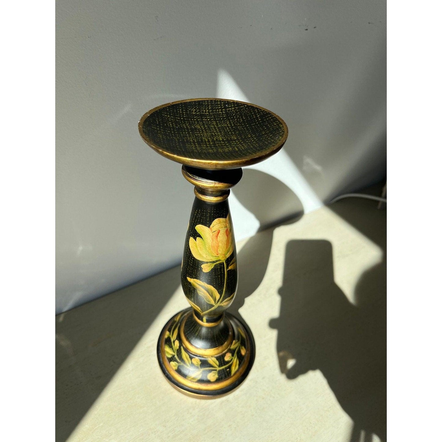 Vintage Wood Hand Painted Floral Black and Yellow Candlestick Holder