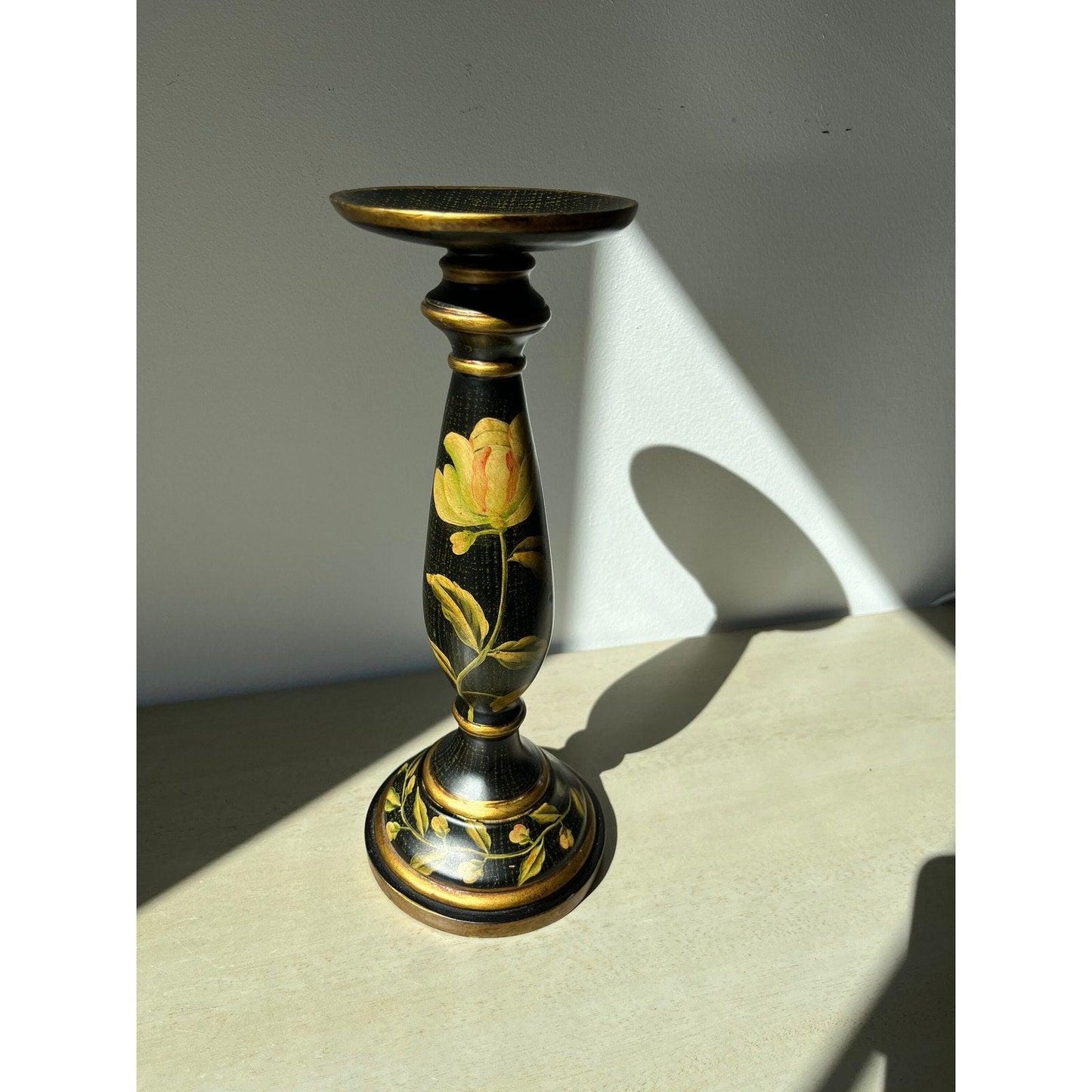 Vintage Wood Hand Painted Floral Black and Yellow Candlestick Holder
