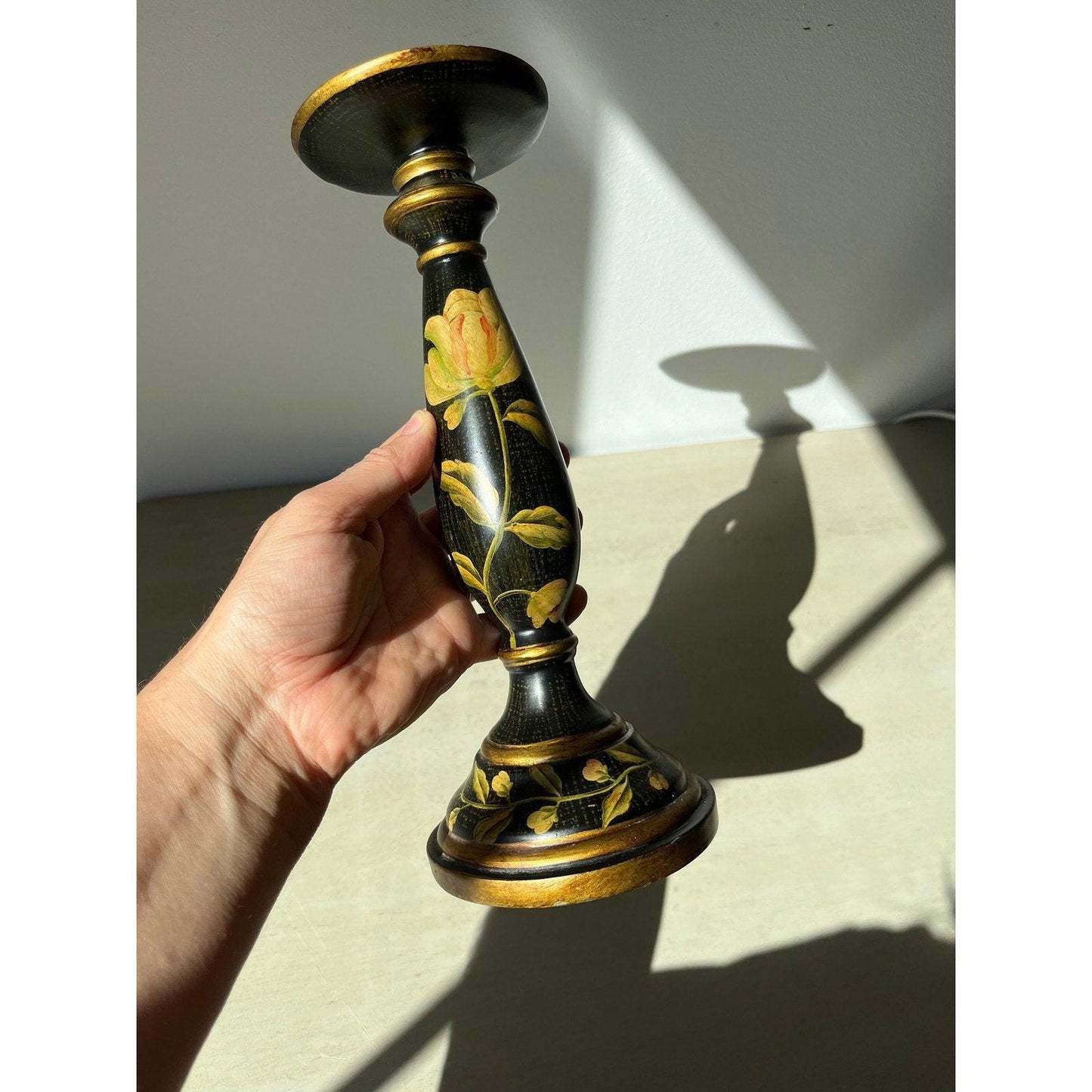 Vintage Wood Hand Painted Floral Black and Yellow Candlestick Holder