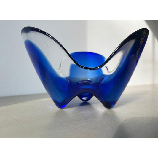 Mid Century Modern Abstract Blue and Clear Glass Decorative Bowl