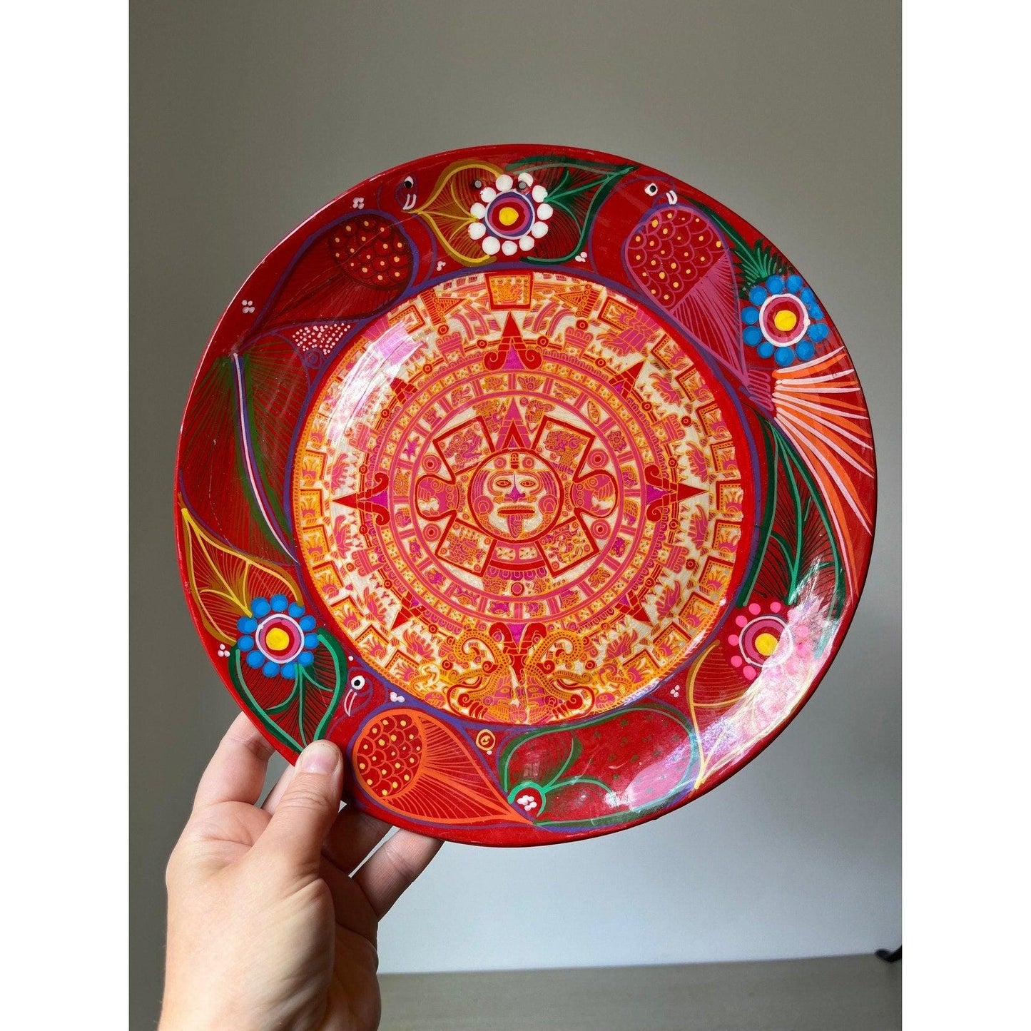 Vintage Mexican Aztec sun calendar plate