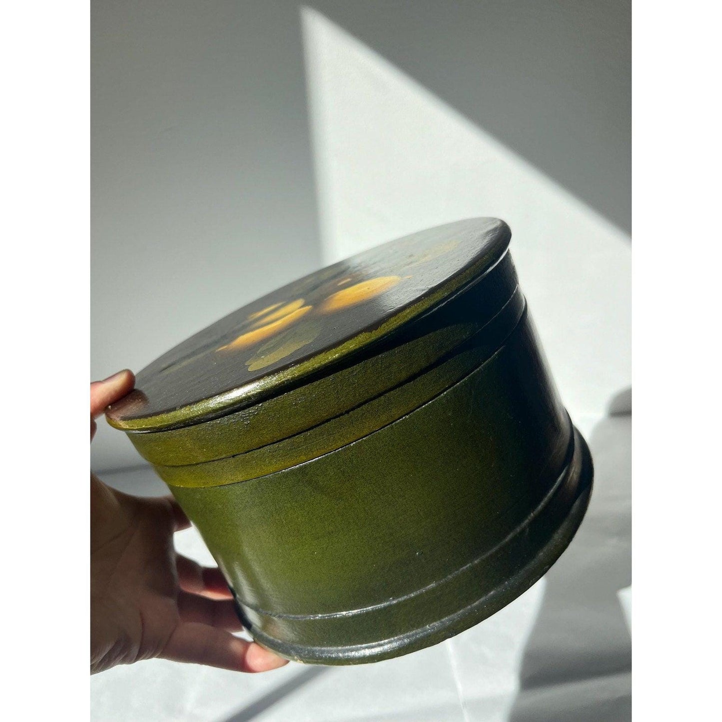 Vintage wood hand painted oval box with a lid