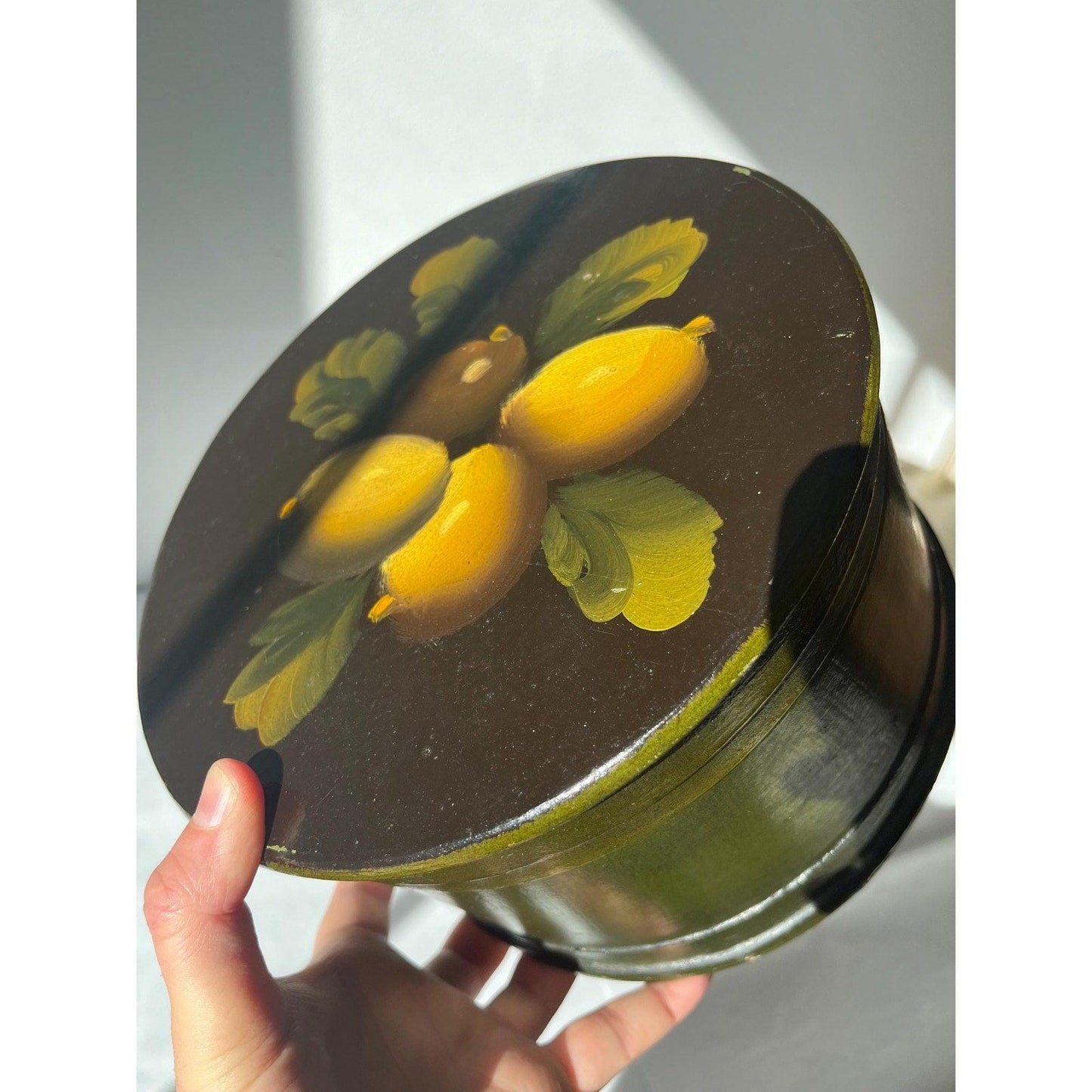Vintage wood hand painted oval box with a lid