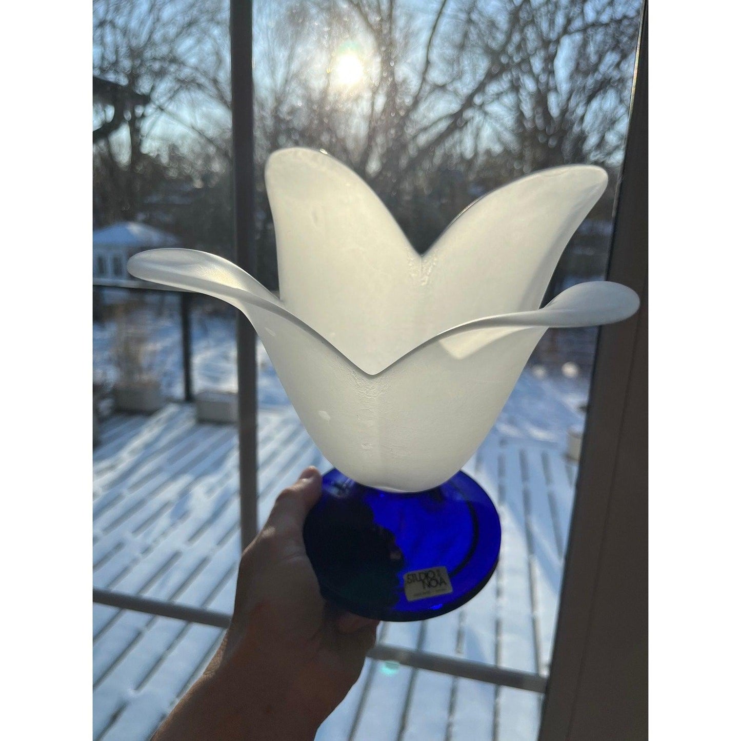 Vintage Studio Nova, cobalt blue and white frosted glass lily vase