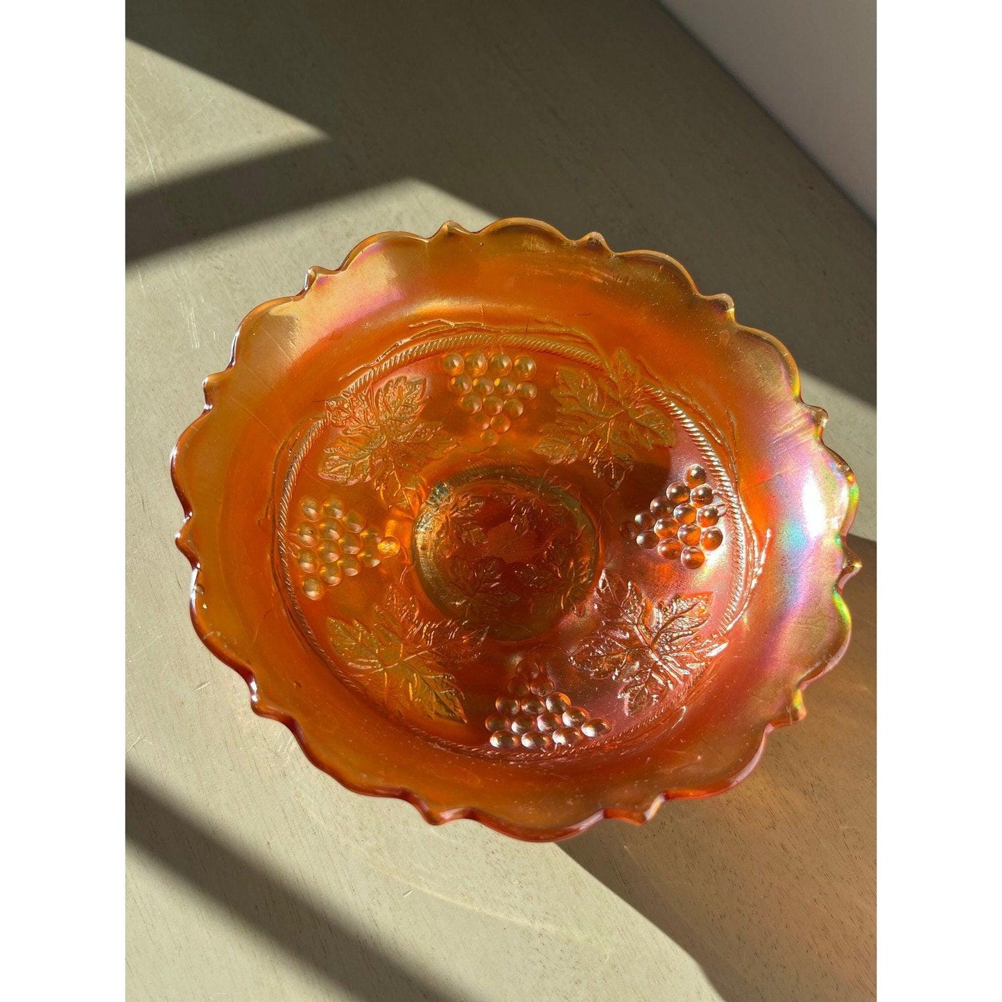 Vintage Fenton Edge Leaf Grape & Cable marigold carnival art glass bowl