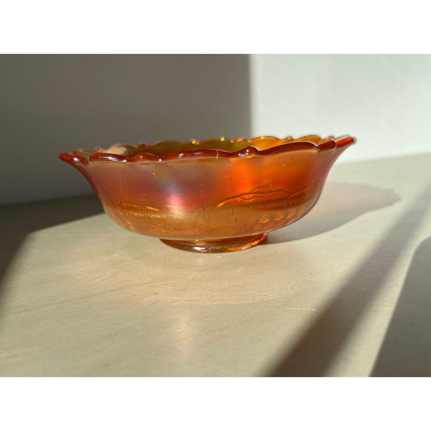 Vintage Fenton Edge Leaf Grape & Cable marigold carnival art glass bowl