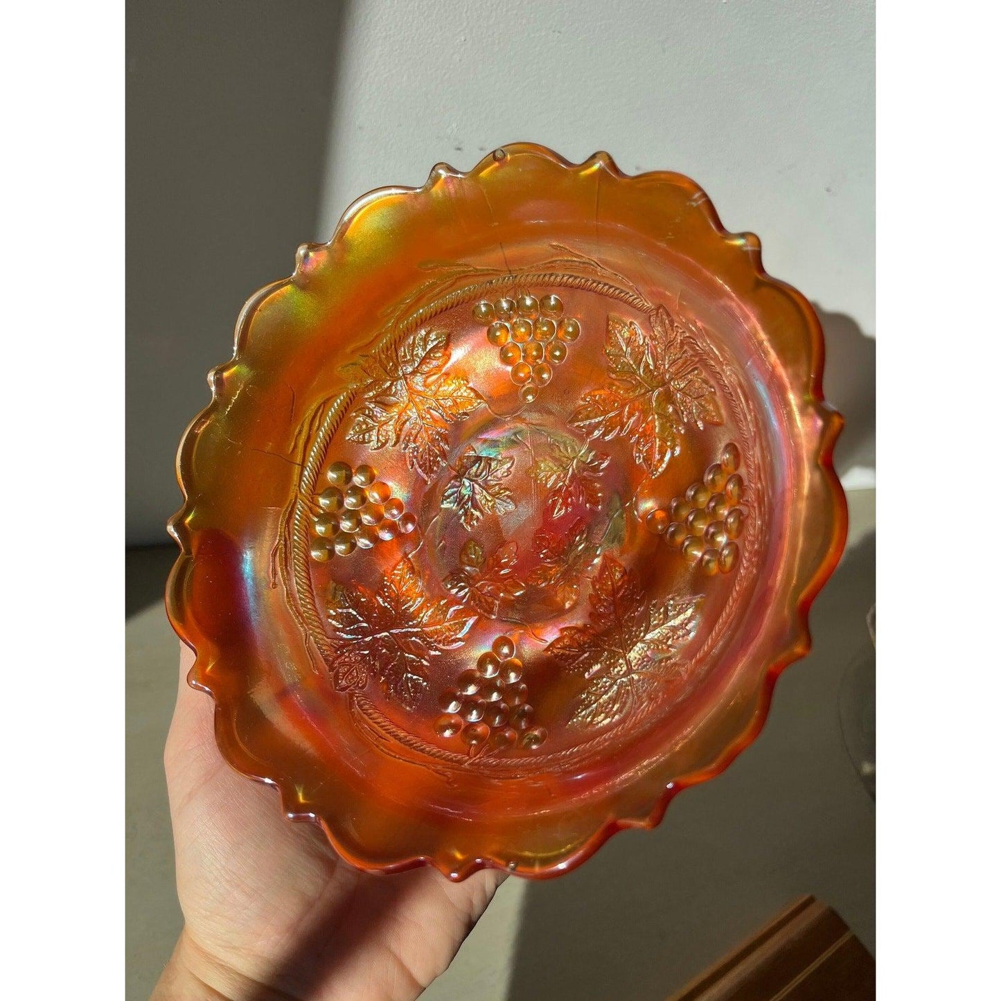 Vintage Fenton Edge Leaf Grape & Cable marigold carnival art glass bowl