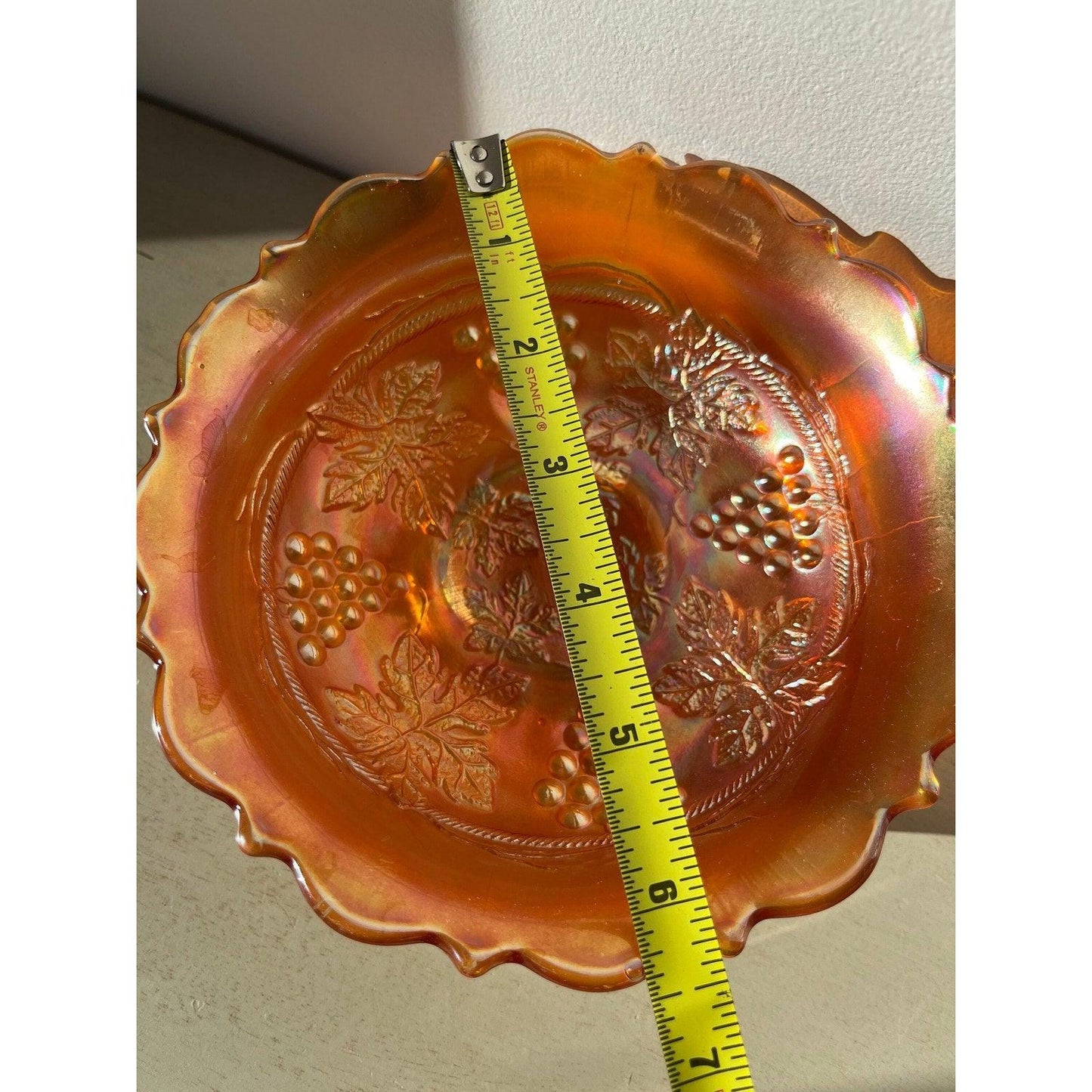 Vintage Fenton Edge Leaf Grape & Cable marigold carnival art glass bowl