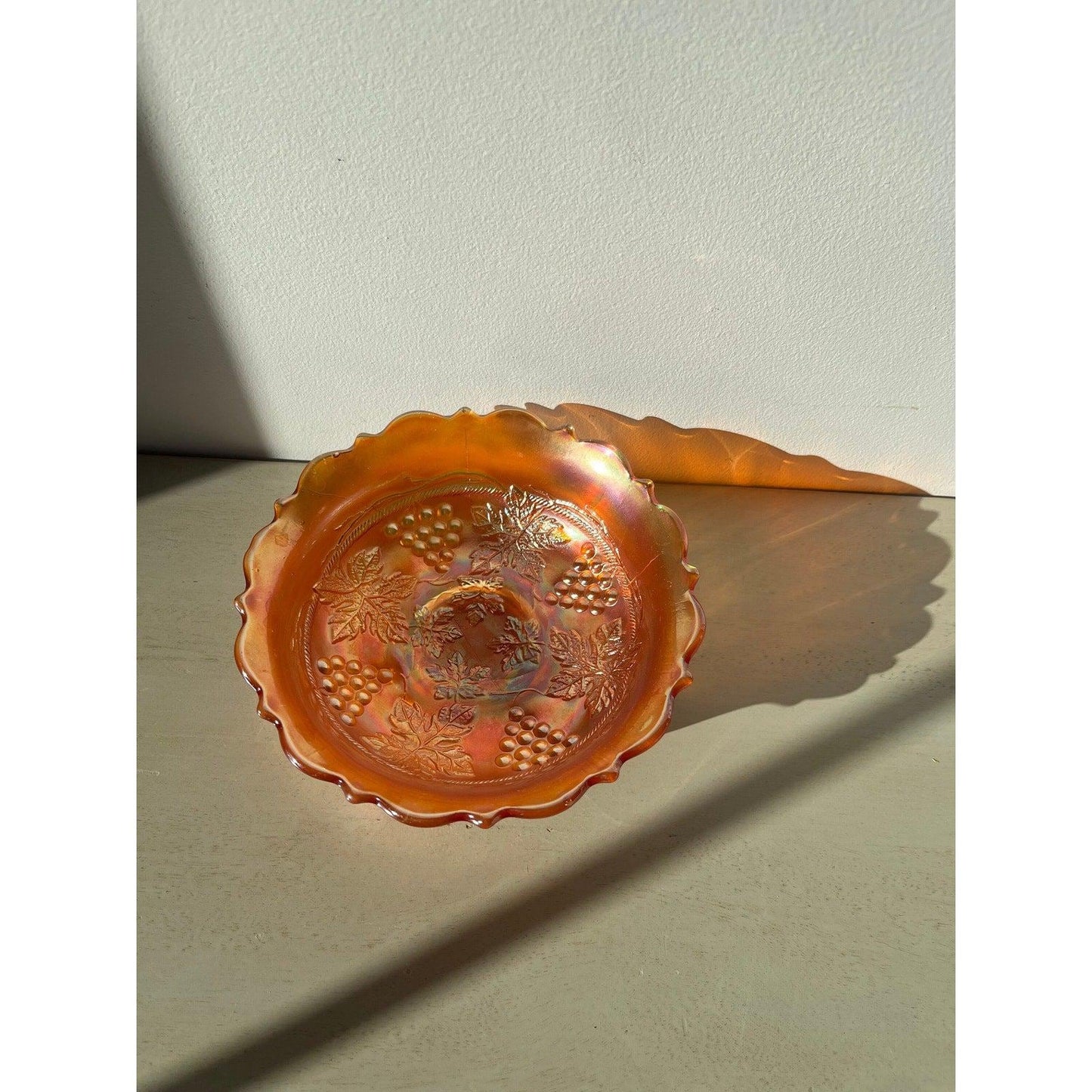 Vintage Fenton Edge Leaf Grape & Cable marigold carnival art glass bowl