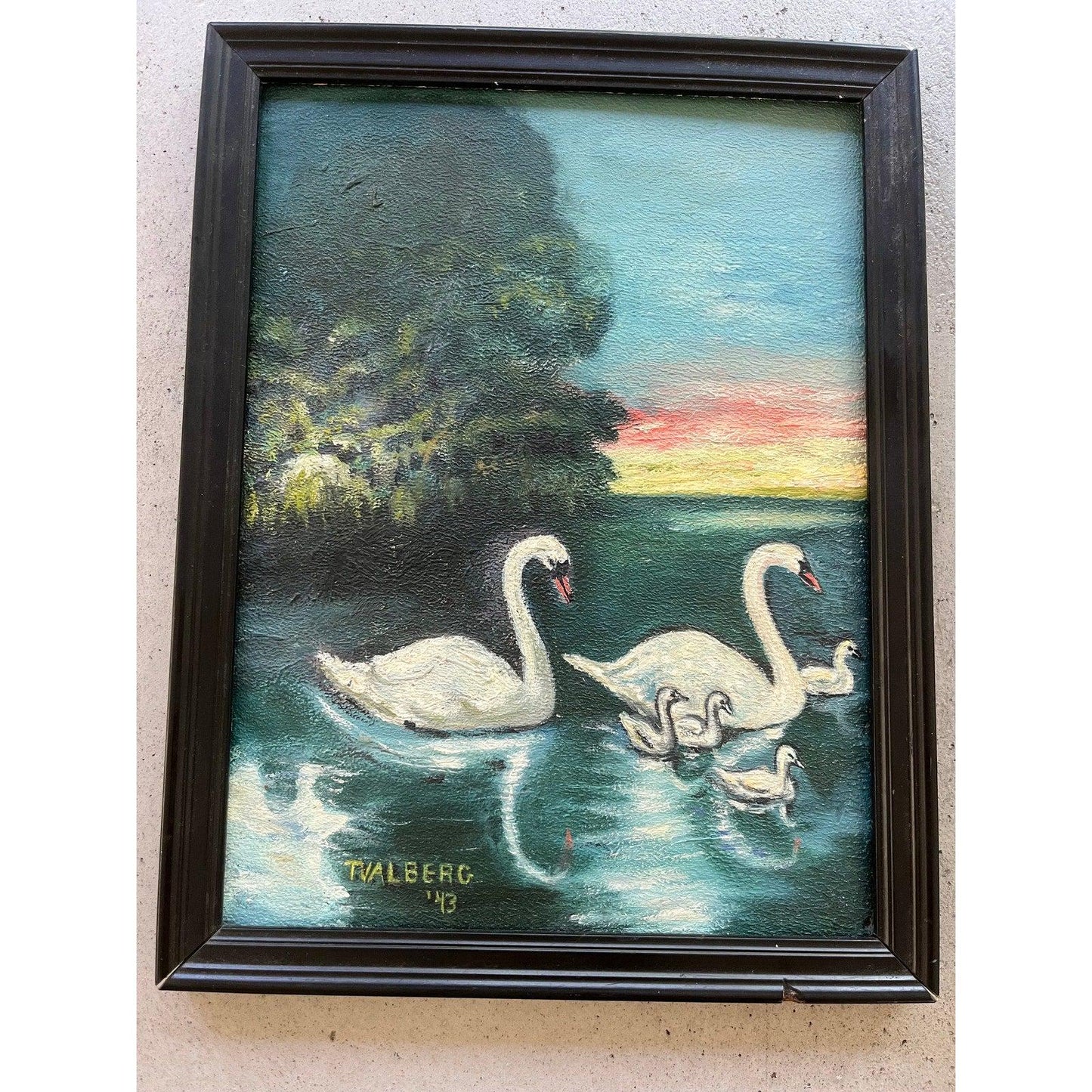 Vintage 1943 family of swans painting