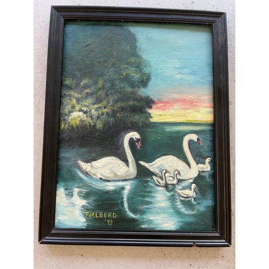 Vintage 1943 family of swans painting