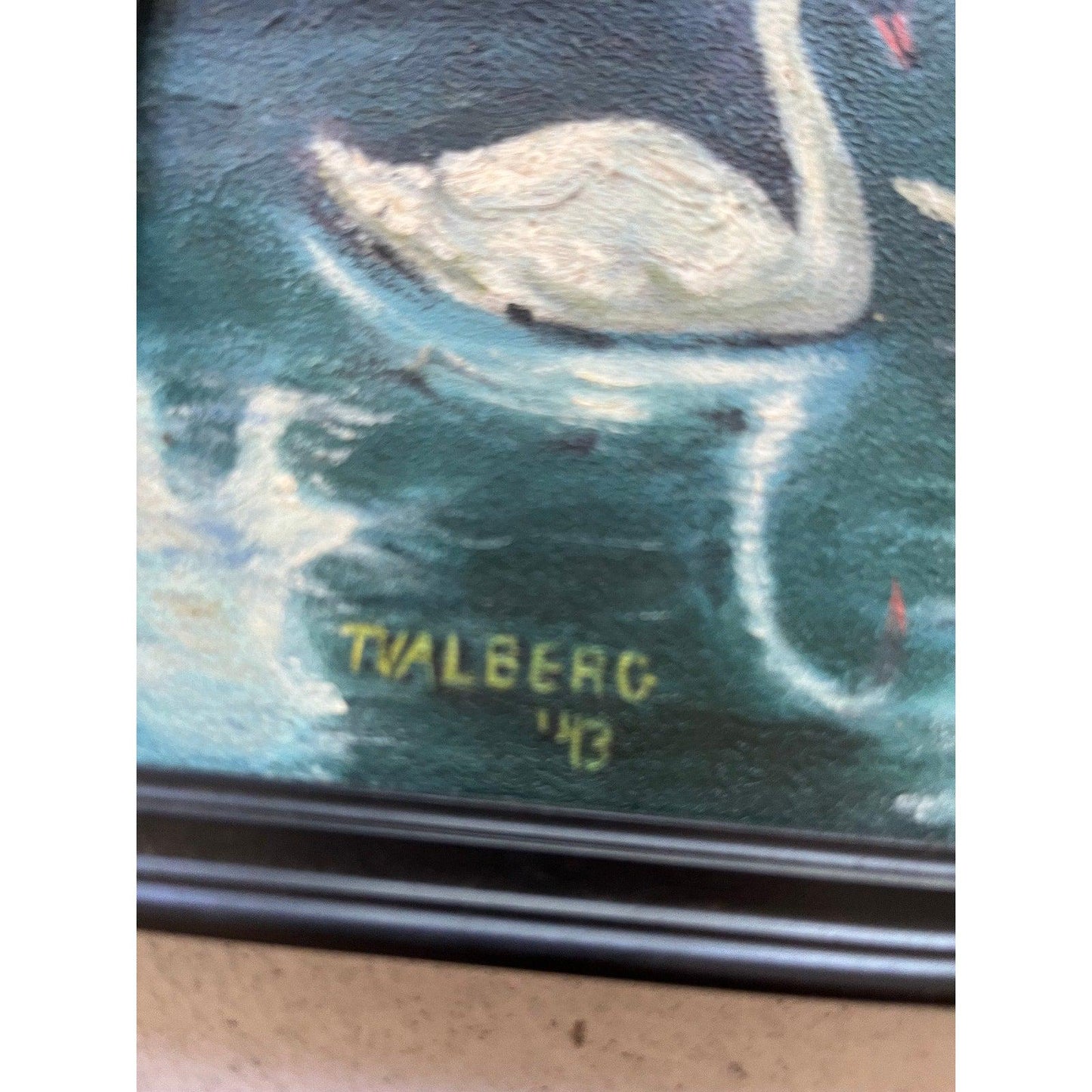 Vintage 1943 family of swans painting