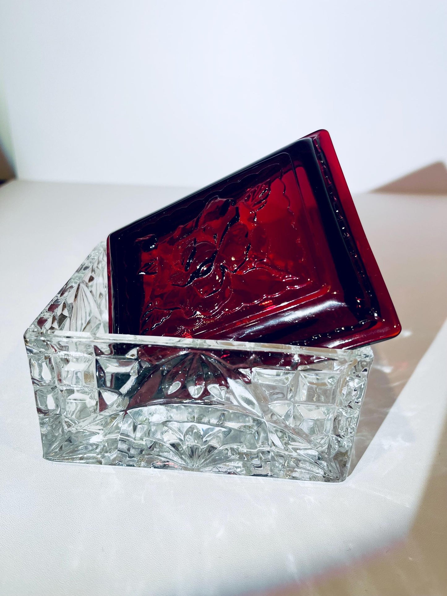 Vintage Crystal Glass Box with Ruby Red Lid