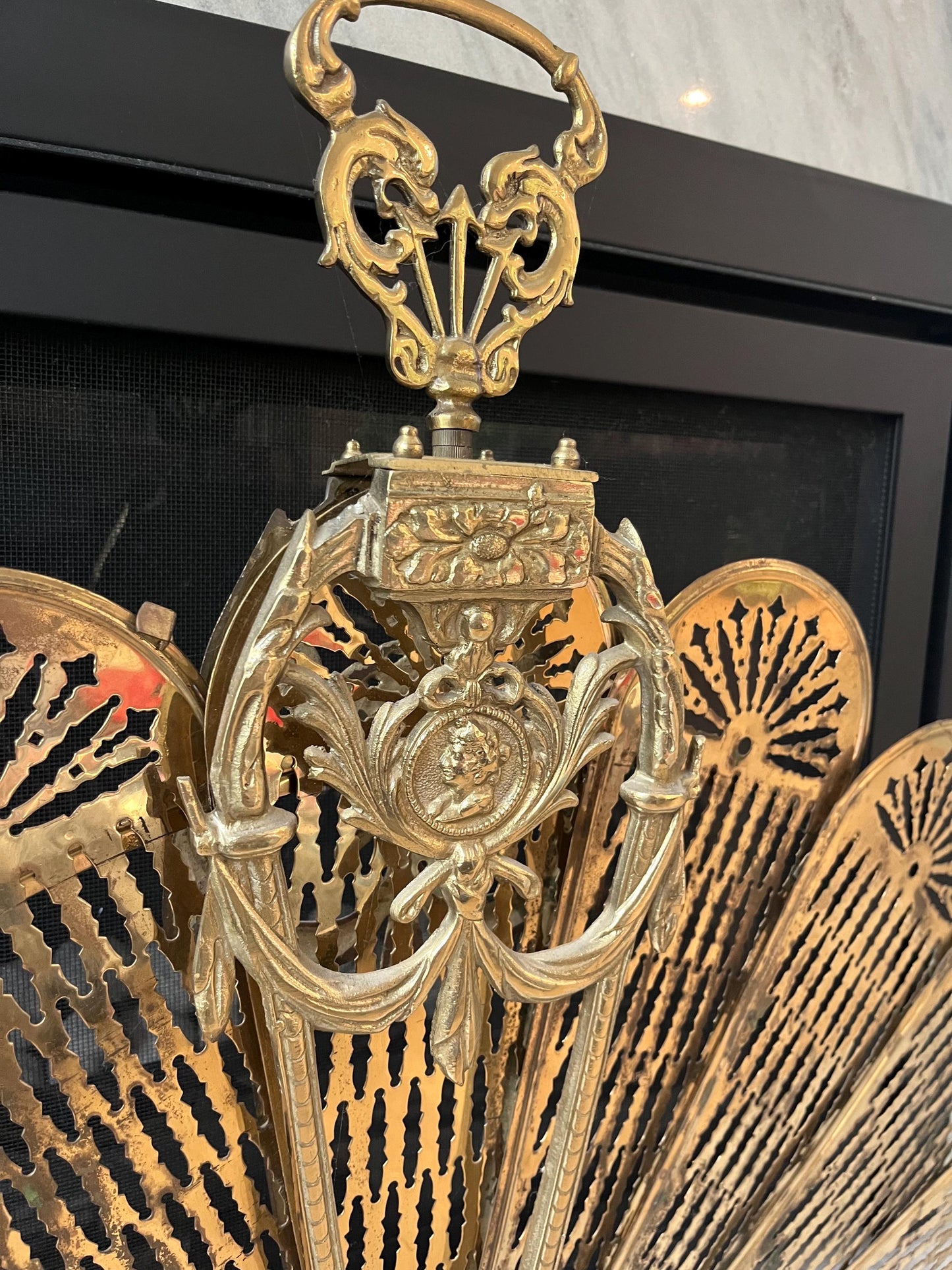 Vintage Brass Fireplace Peacock Fan Screen