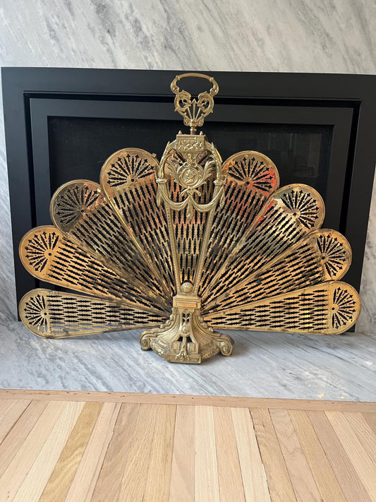 Vintage Brass Fireplace Peacock Fan Screen