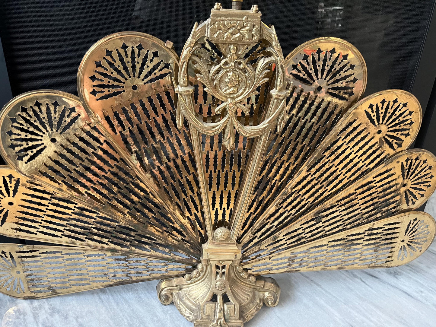 Vintage Brass Fireplace Peacock Fan Screen