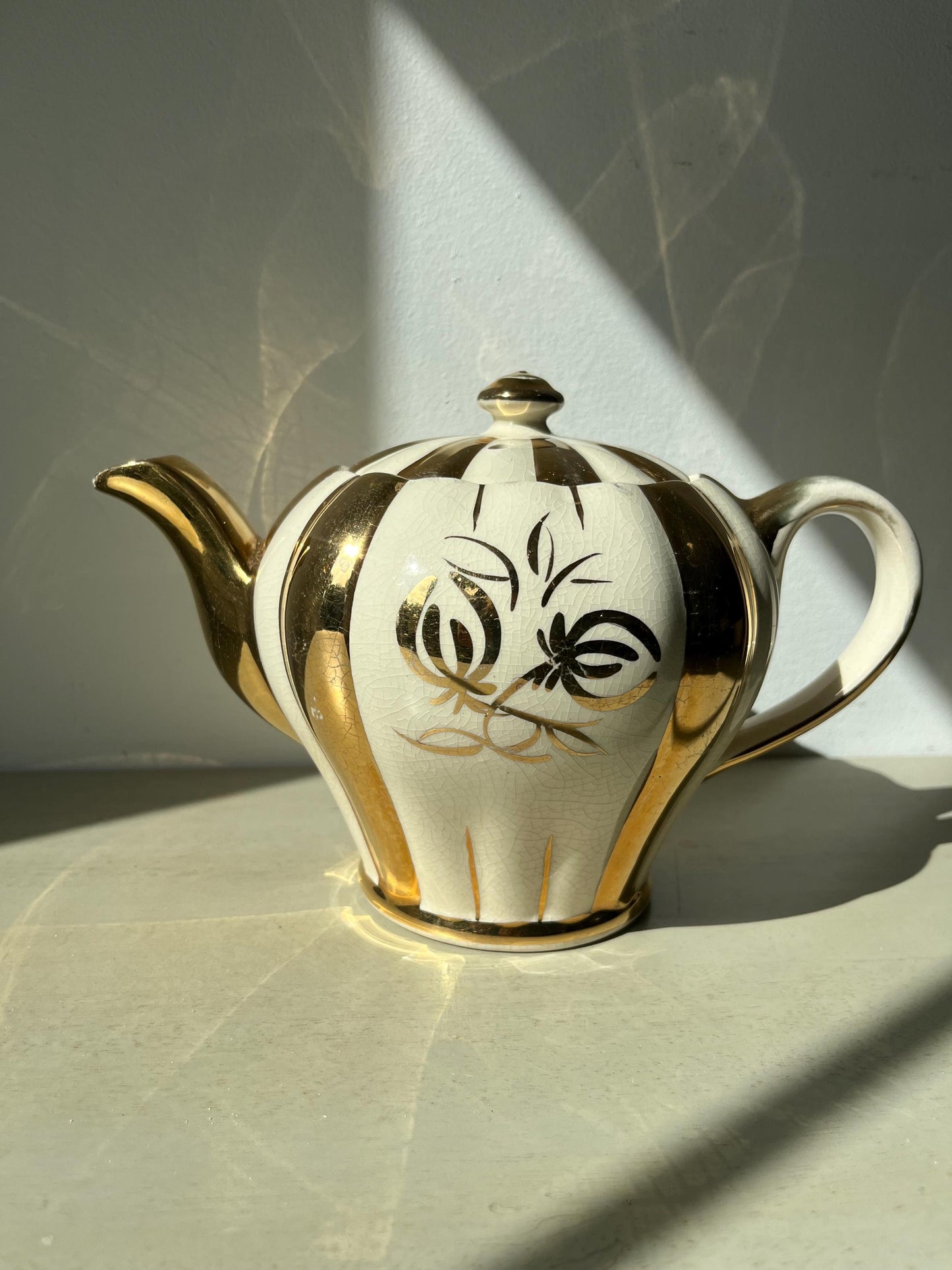 Vintage Sudlows Burslem Art Deco Gold and Cream Teapot