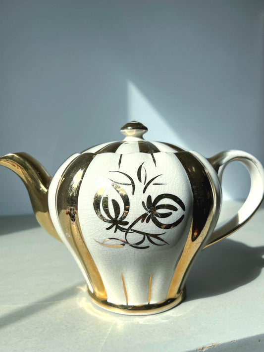 Vintage Sudlows Burslem Art Deco Gold and Cream Teapot