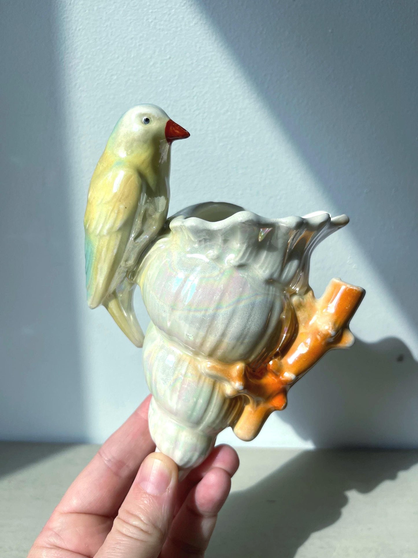 Rare Vintage Pearl Iridescent Luster Glazed Bird on a Shell Wall-Pocket Czechoslovakia