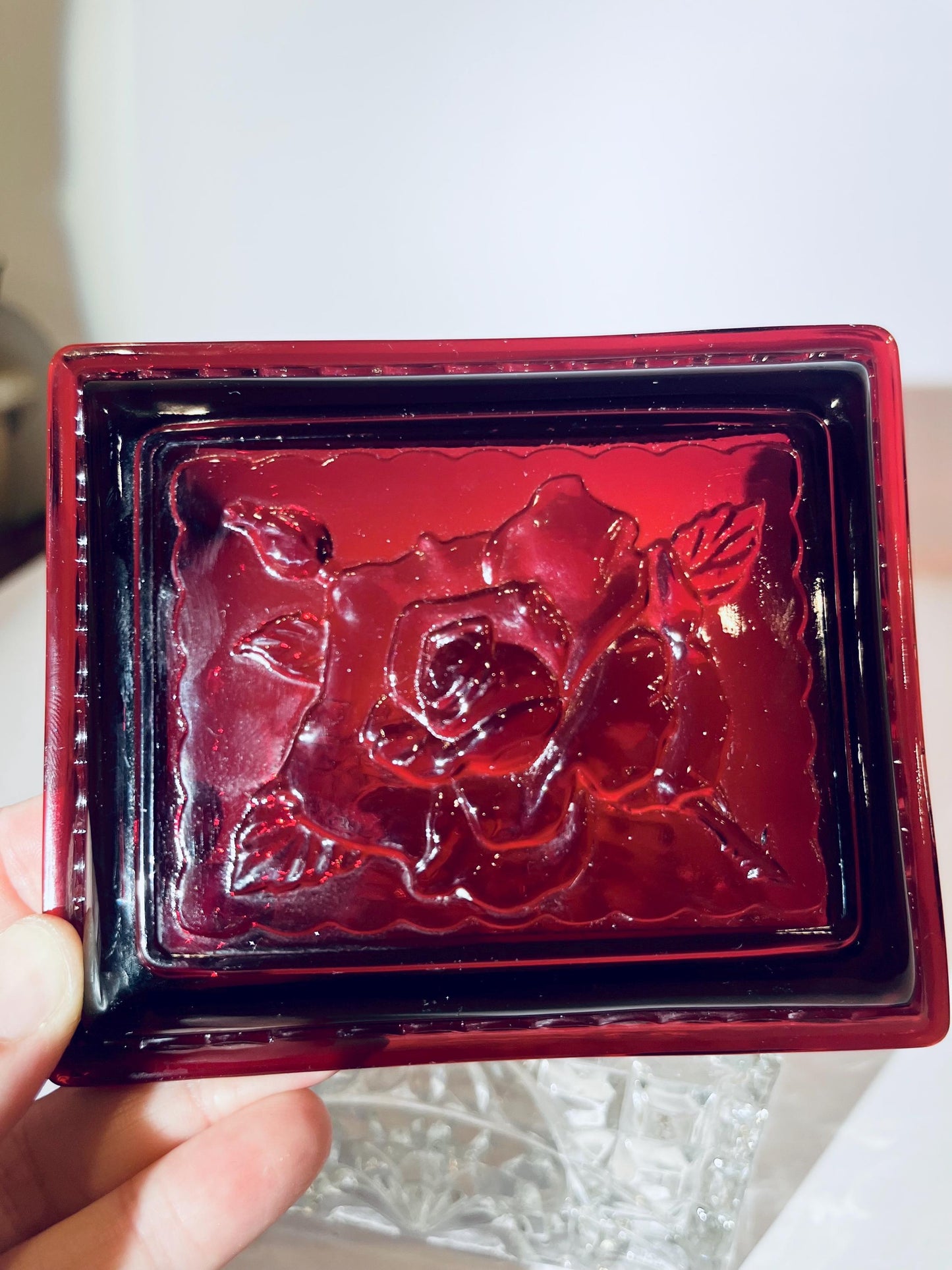 Vintage Crystal Glass Box with Ruby Red Lid