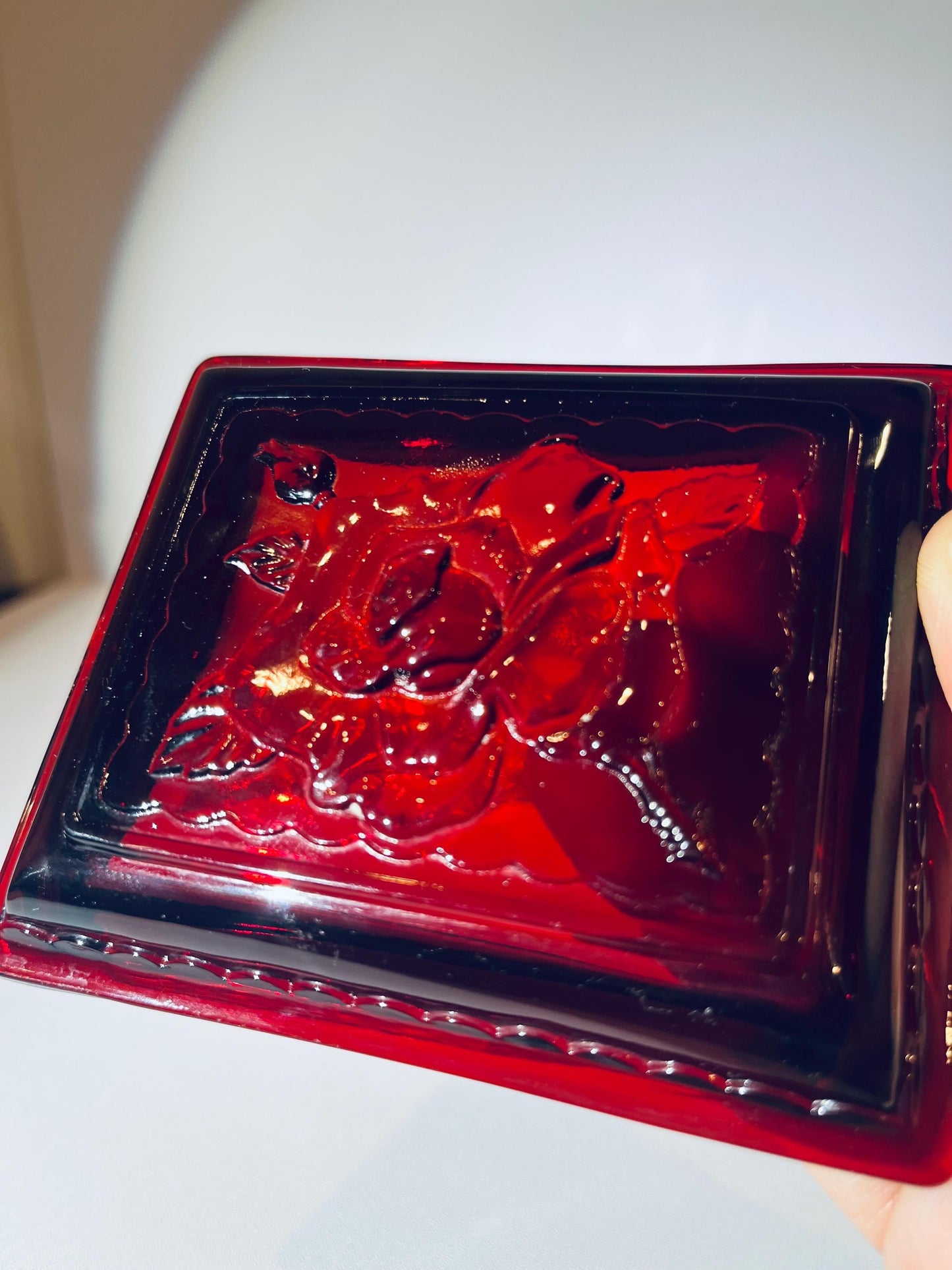 Vintage Crystal Glass Box with Ruby Red Lid