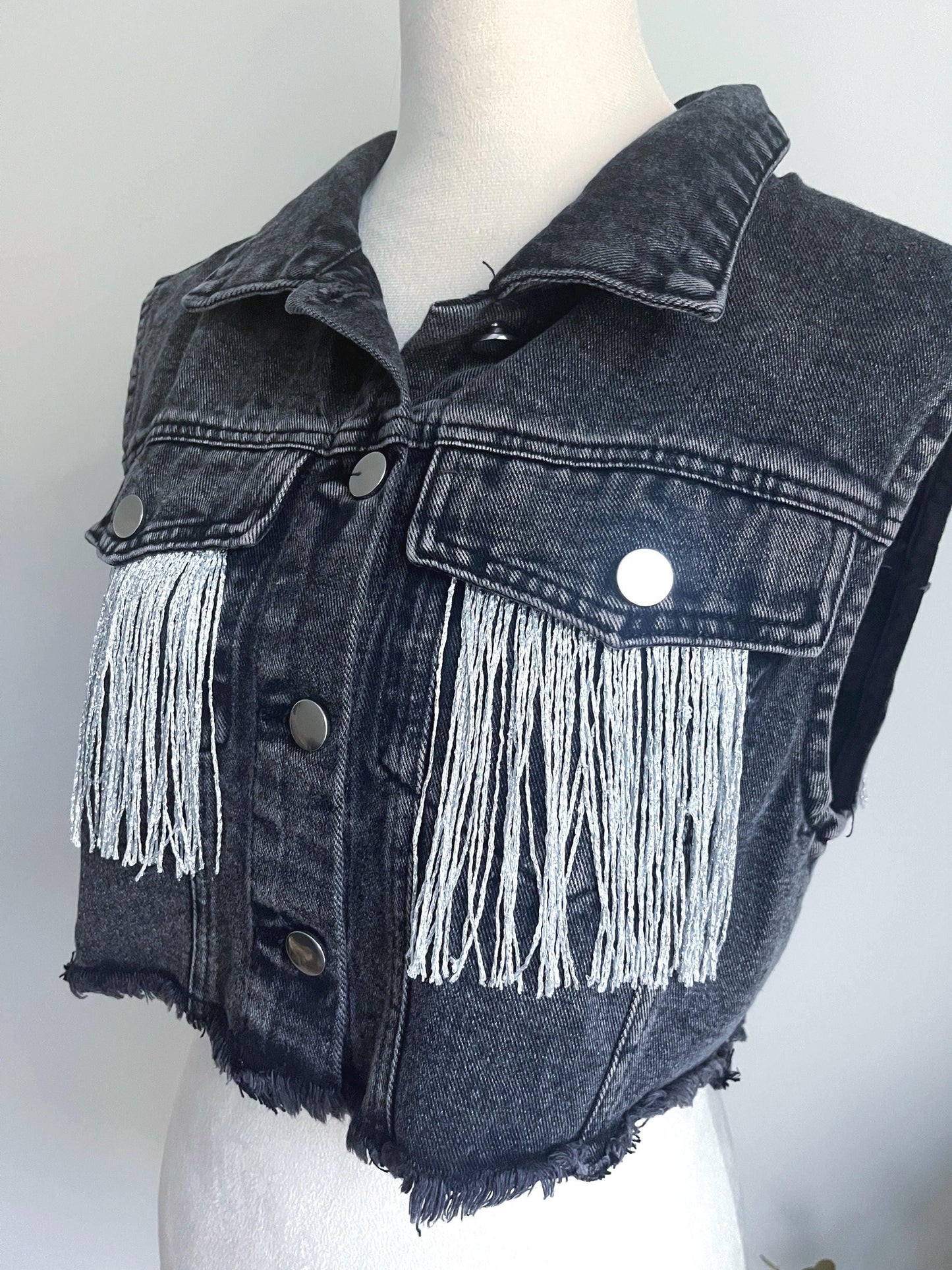 Crop Black Dark Gray Denim Fringe Vest