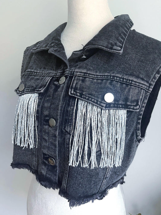 Crop Black Dark Gray Denim Fringe Vest