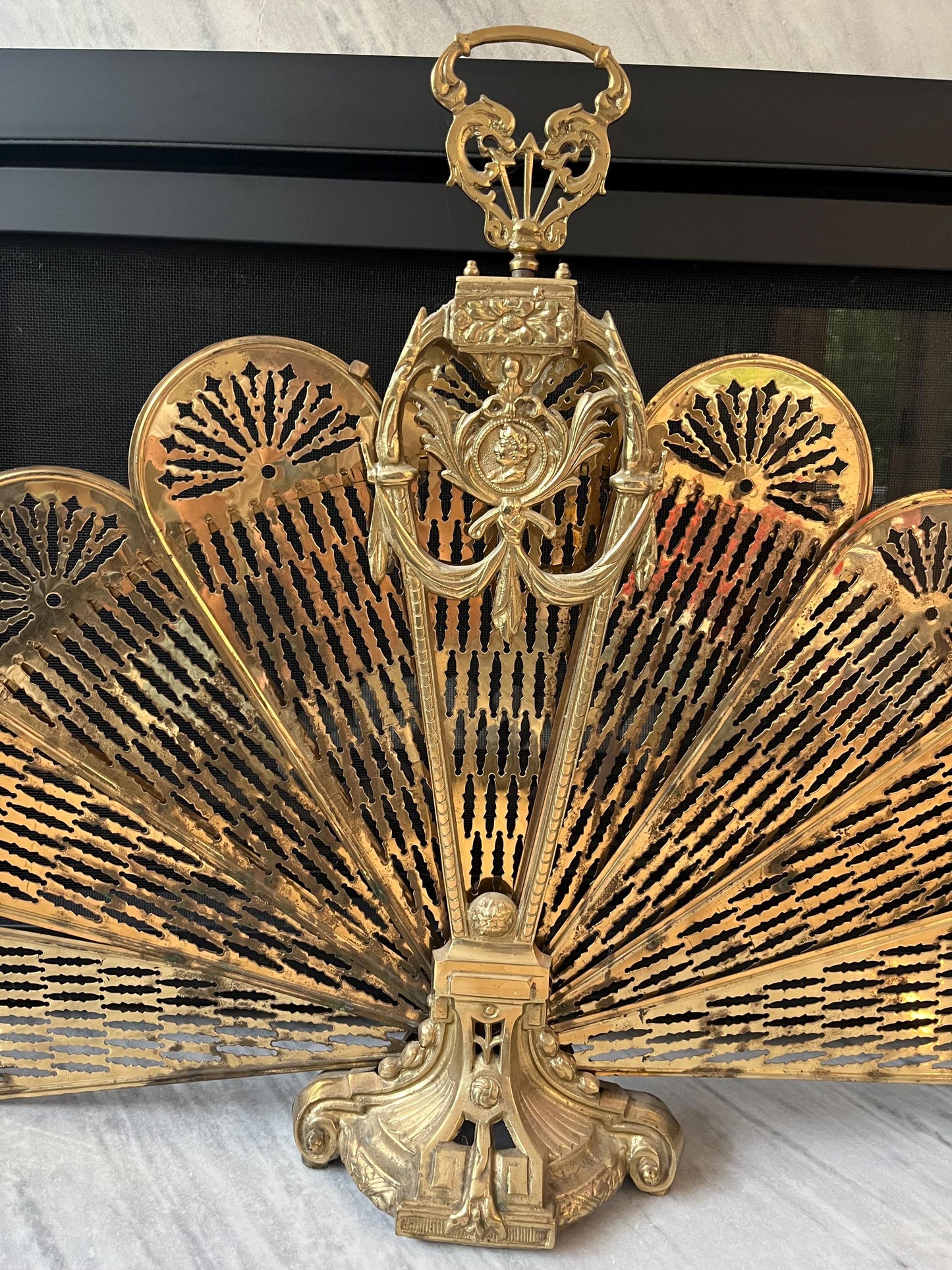 Vintage Brass Fireplace Peacock Fan Screen