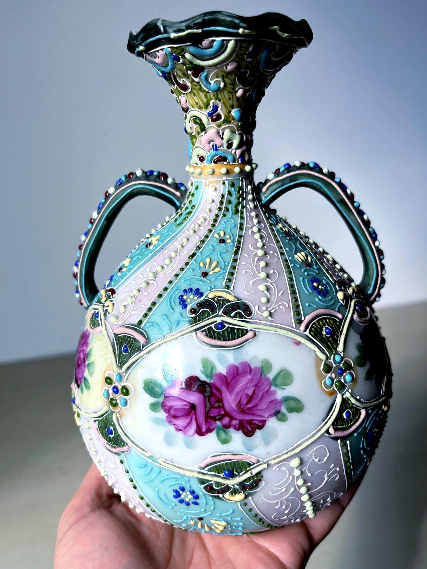 Antique Nippon Hand Decorated Moriage Vase